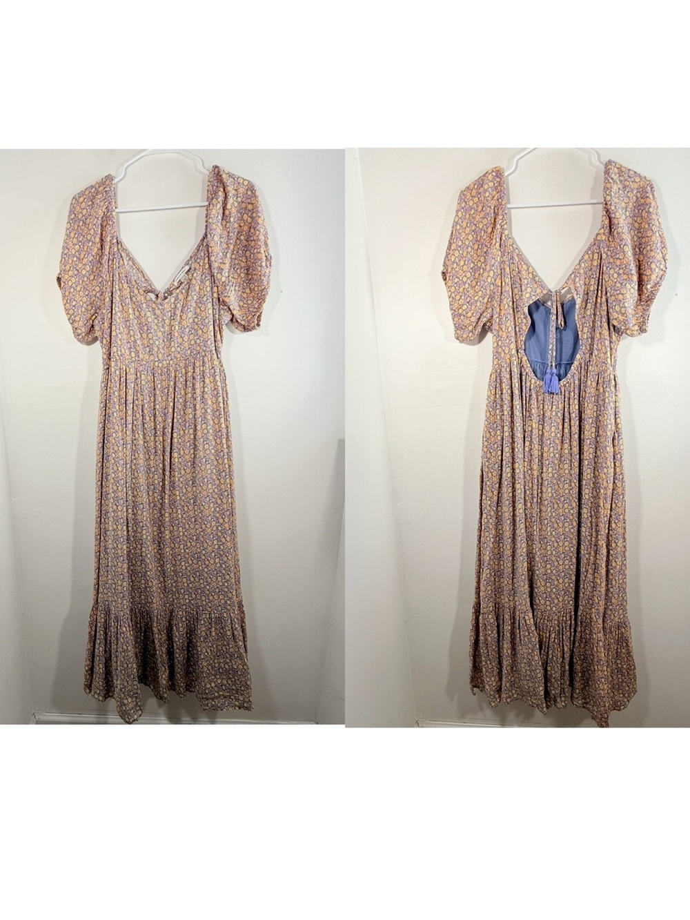 American Eagle Blue Orange Yellow Floral Puff Sleeve Keyhole Back Midi Dress XL